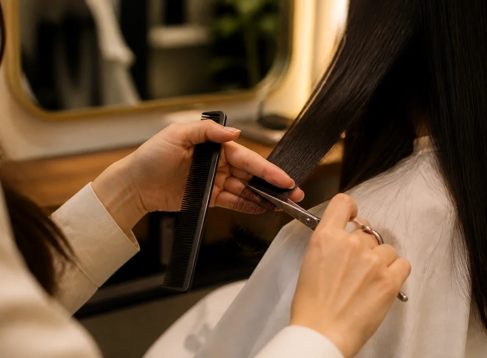 Stylist cutting long dark hair with scissors and comb