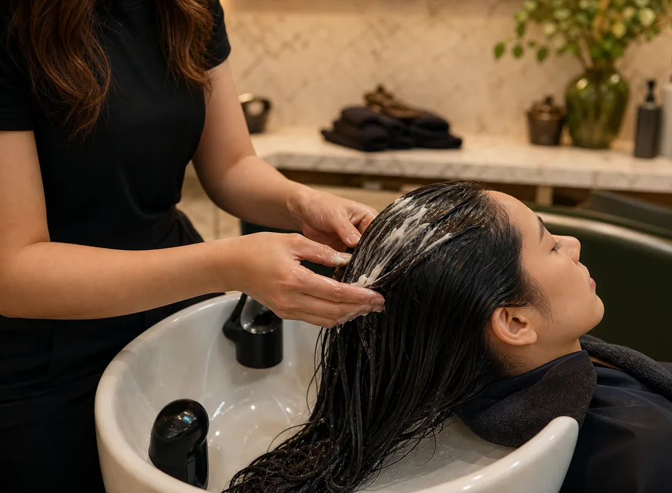Stylist applying a nourishing hair treatment at a wash basin